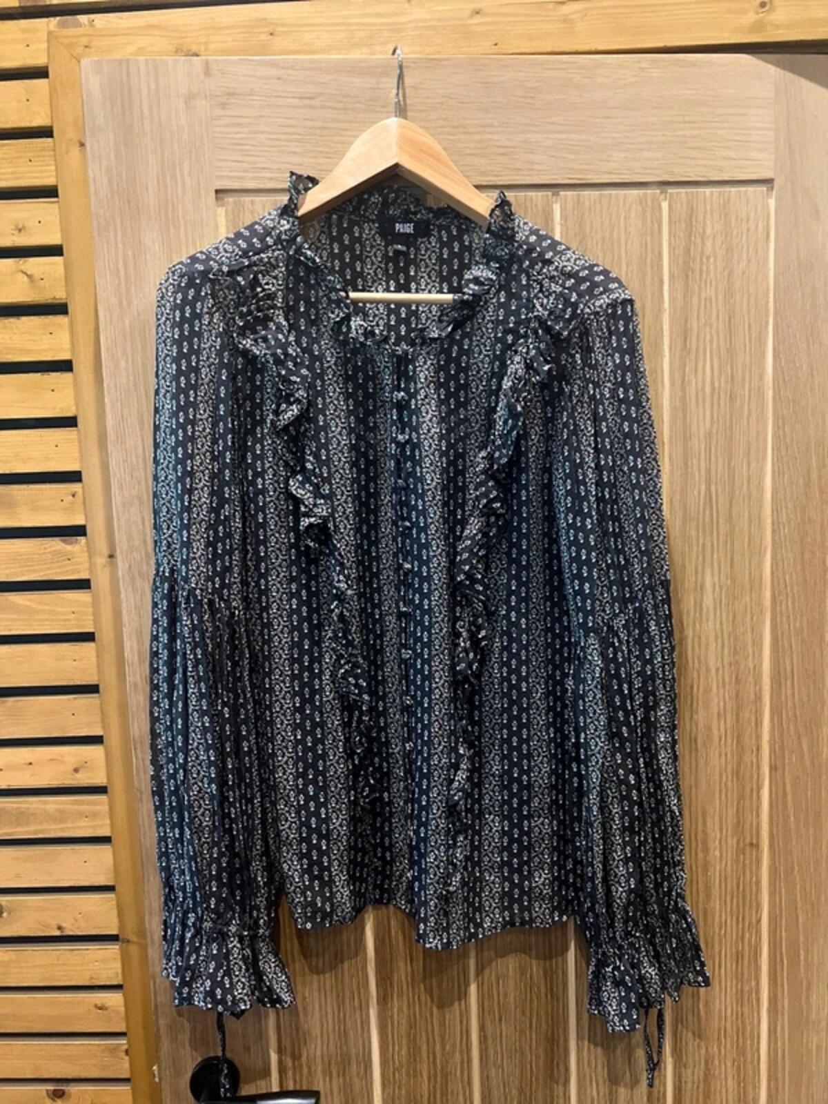 Paige Silk Black Button Down Ditsy Print Blouse L