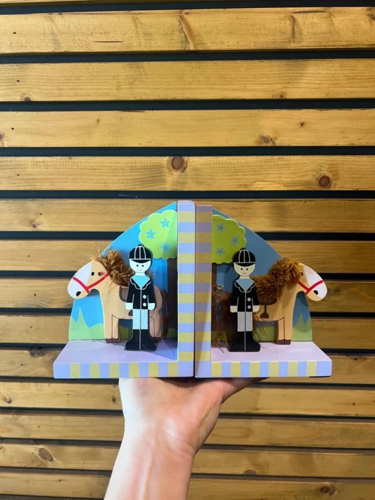 Handmade Horse & Rider Pair of Wooden Bookends