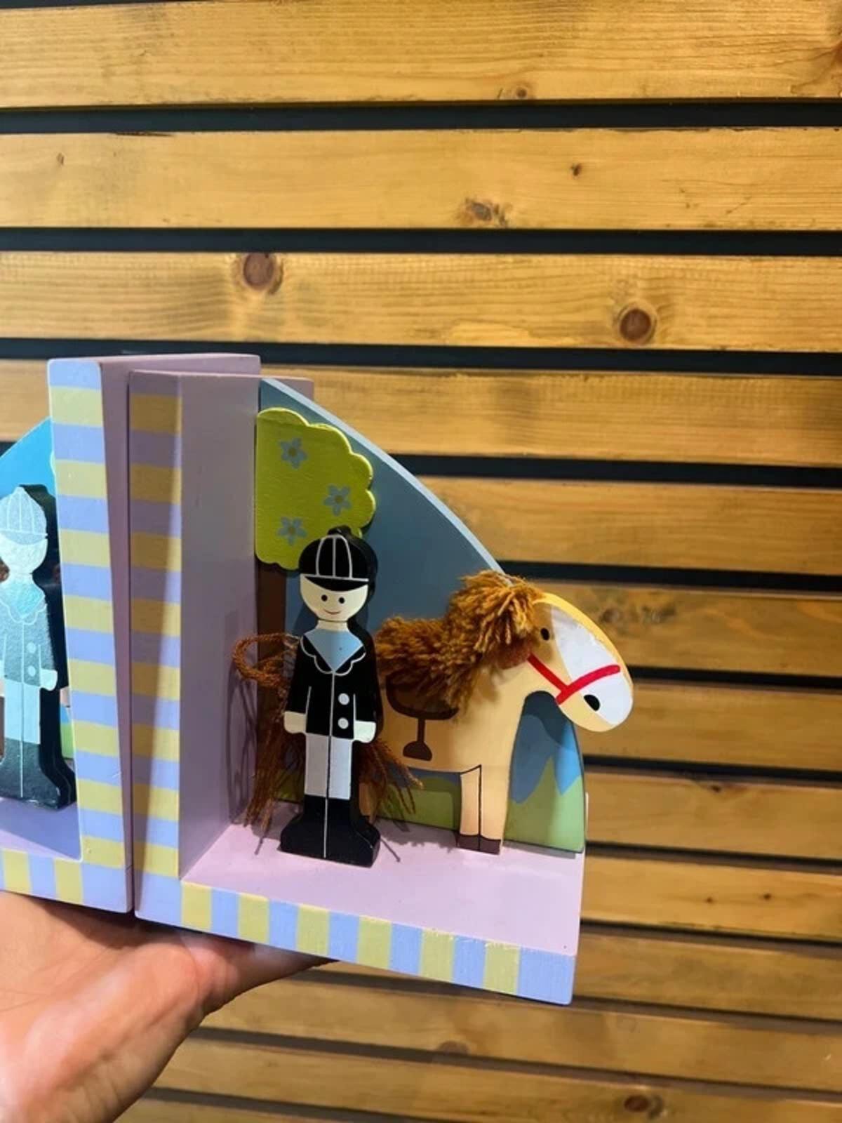 Handmade Horse & Rider Pair of Wooden Bookends