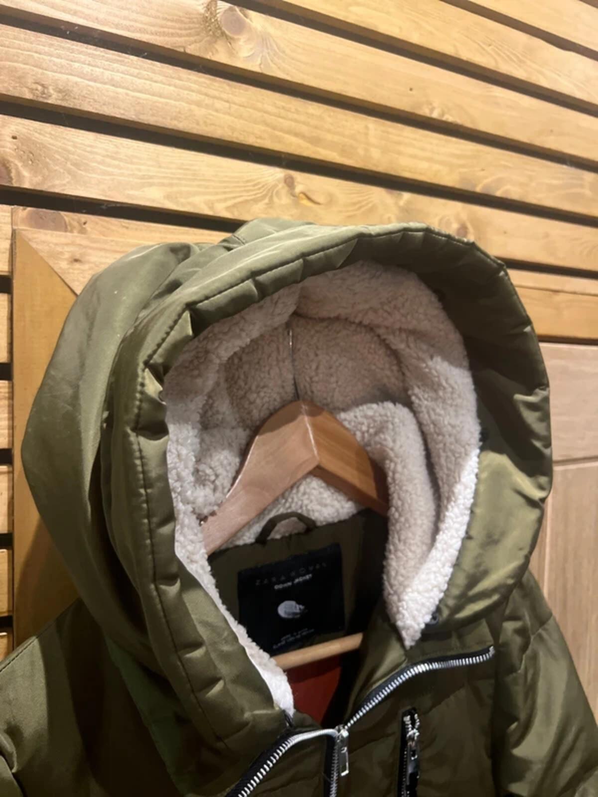 Zara Khaki Down Puffer Hooded Coat XS