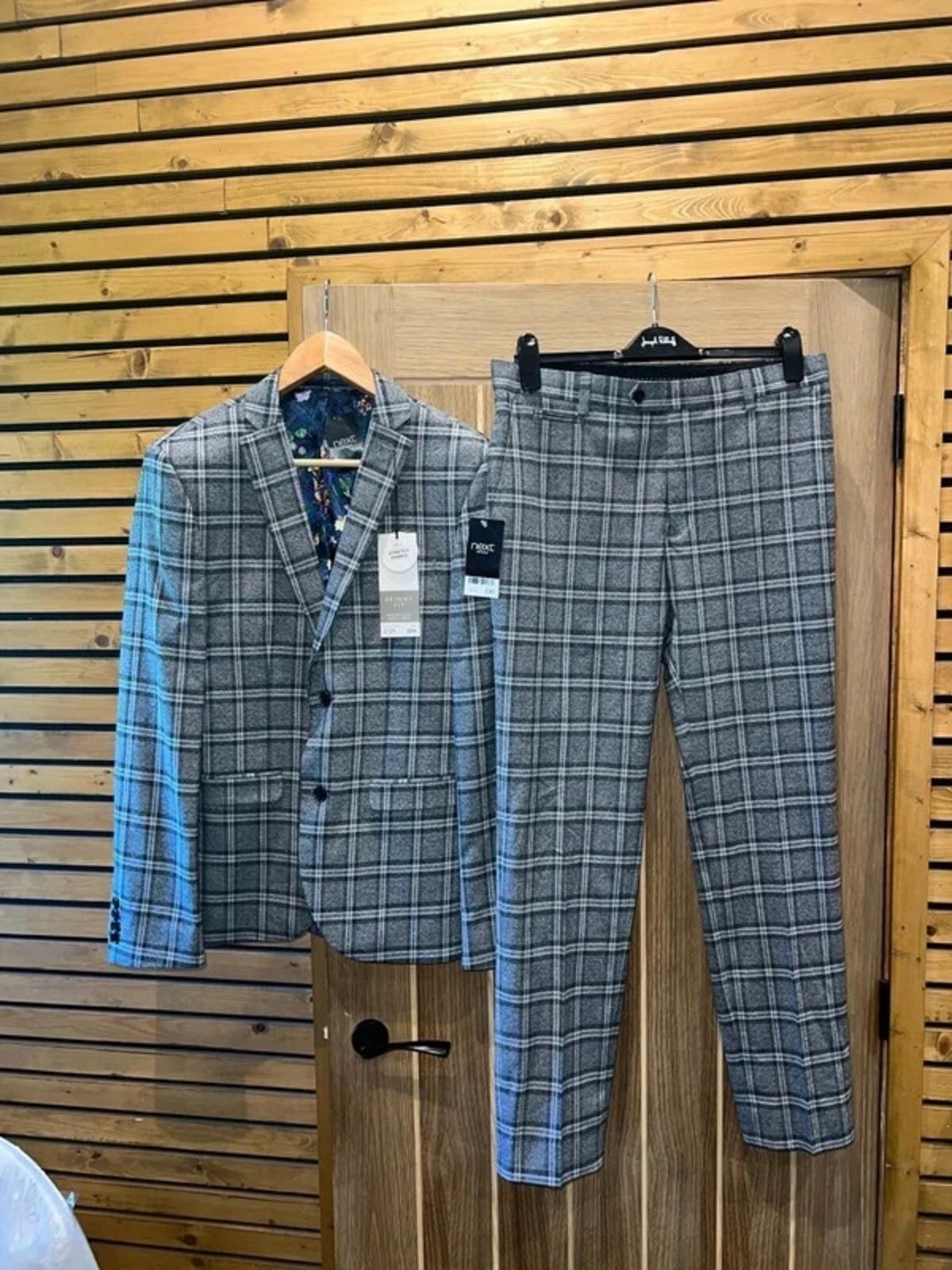 Next Grey Plaid Suit Jacket & Trousers Set NEW