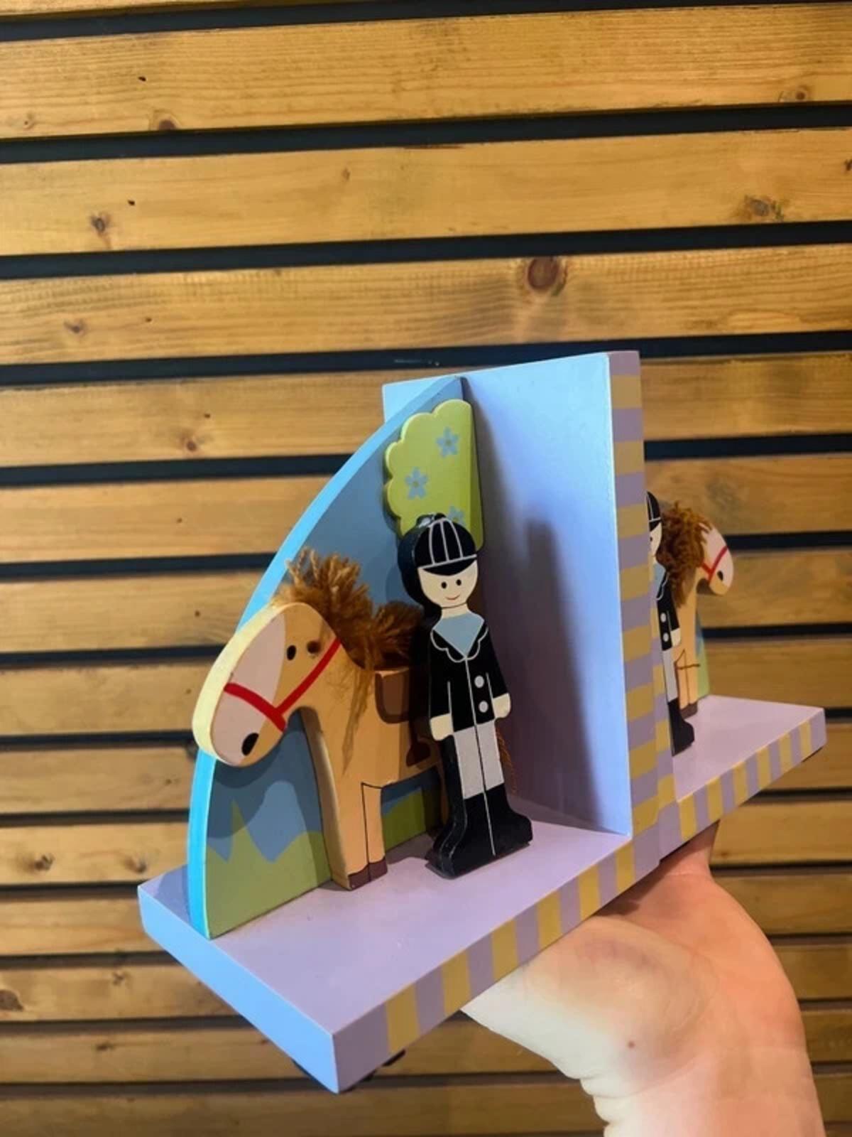 Handmade Horse & Rider Pair of Wooden Bookends