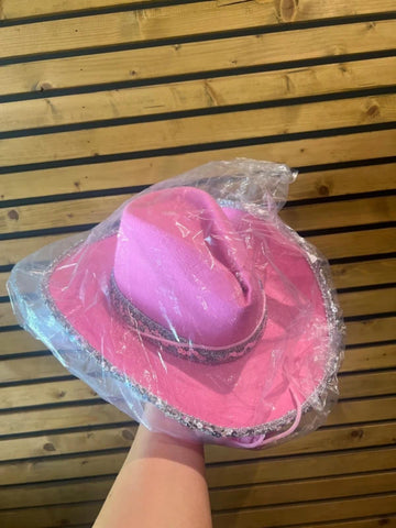 Pink Cowgirl Silver Trim Cowboy Hat, Bandana & Earrings Fancy Dress