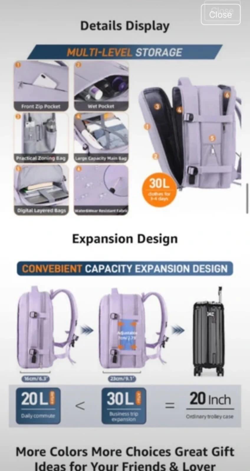 Fioretto Lilac Expandable Travel Backpack NEW