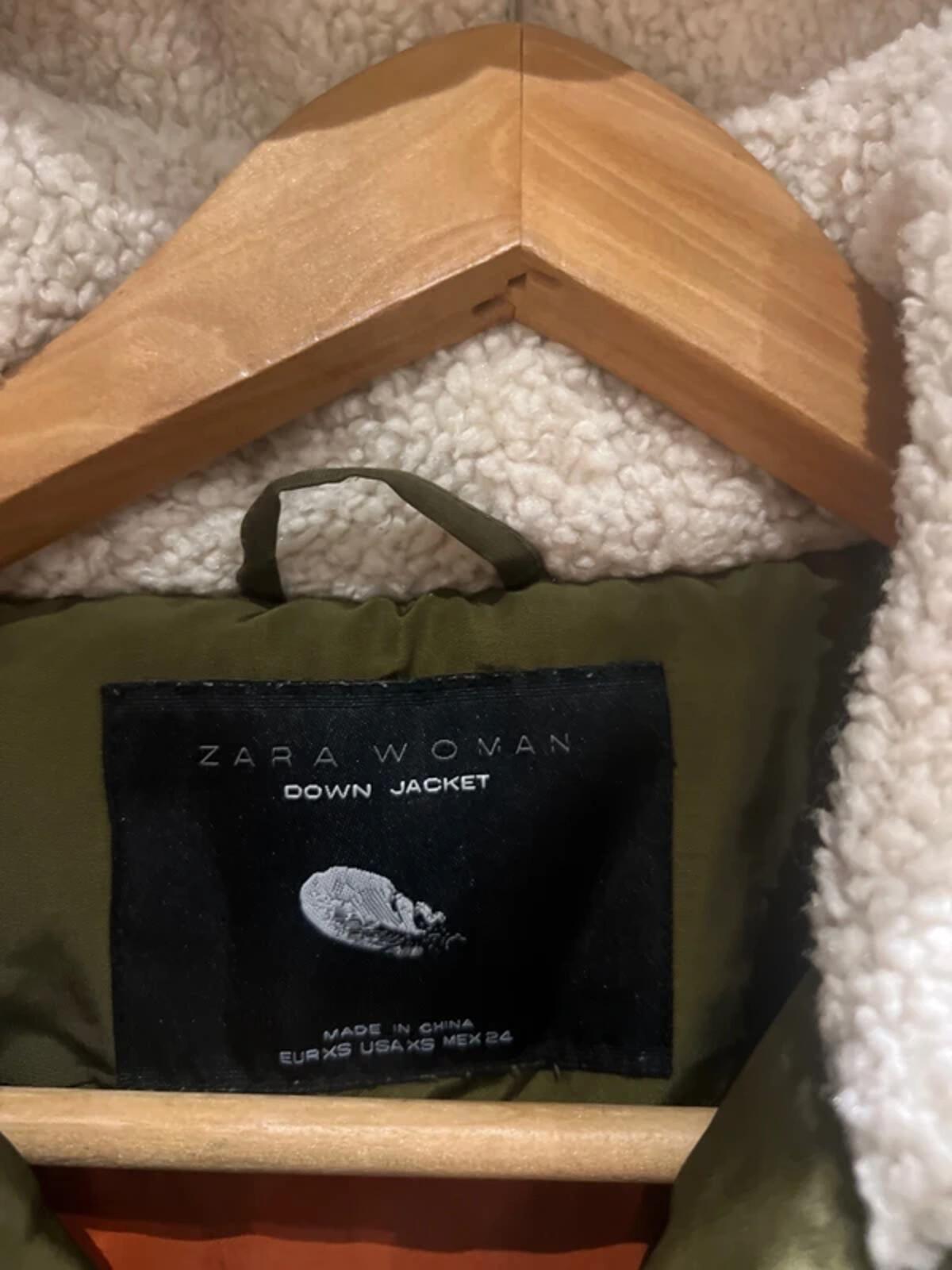 Zara Khaki Down Puffer Hooded Coat XS