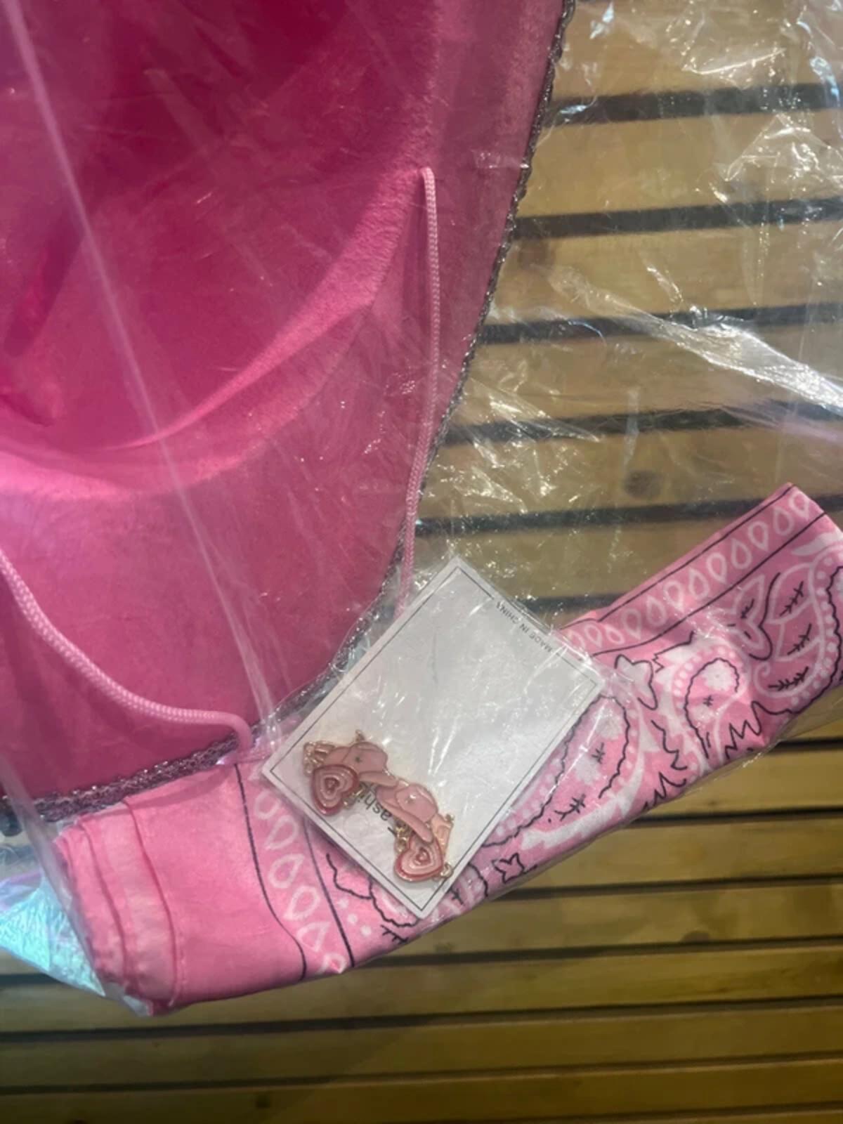 Pink Cowgirl Silver Trim Cowboy Hat, Bandana & Earrings Fancy Dress